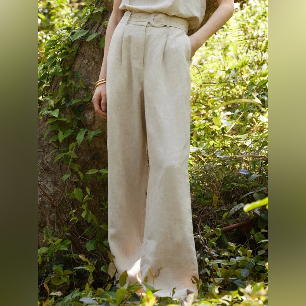 Goelia 100% Linen Women Straight Leg Pants With Belt